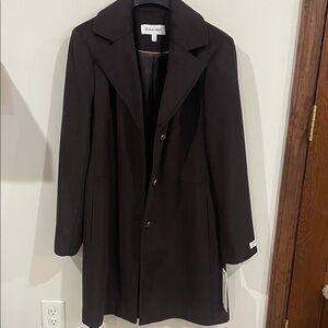 Calvin Klein Womens Single-Breasted Wool Blend Coat CHOCOLATE BROWN